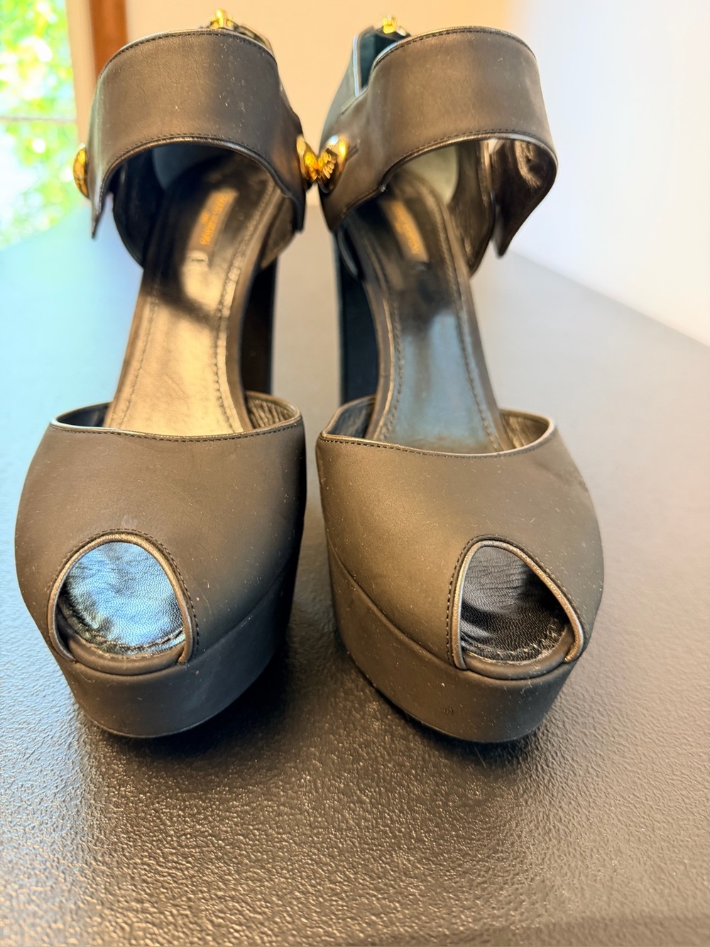 Louis Vuitton Black Peep-Toe Platform Heels with Gold Buttons